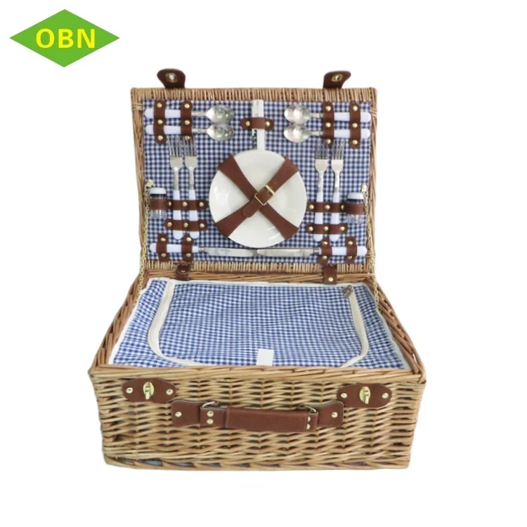 Новый дизайн, изолированная плетеная высококлассная Корзина для пикника на 4 человека, набор посуды