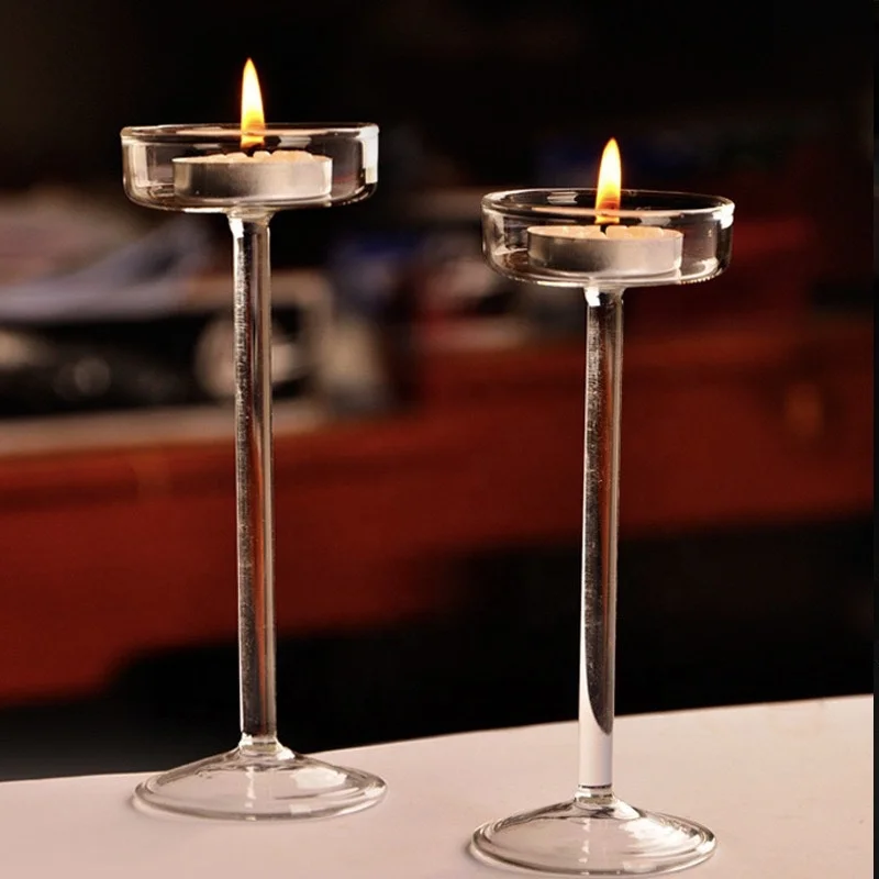 Transparent Candlestick Holder Crystal Glass Round Base Tall Pillar Light Goblet Candle Holder