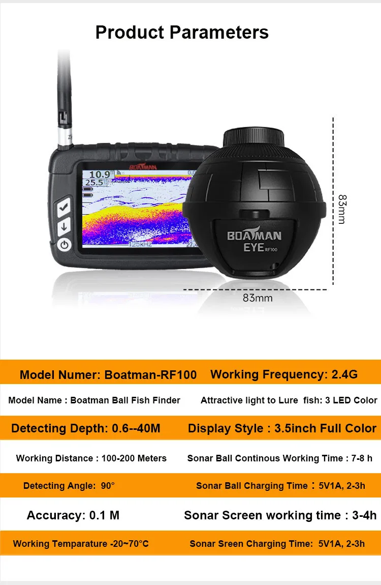 Boatman 200 meters working range echo sounding fish finder 3.5 inch color 2.4GHz sonar fishing tackle fish finder
