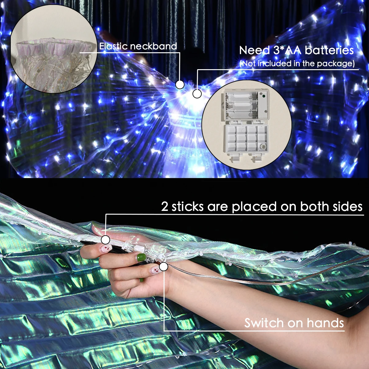 LED Isis Wing 240 lamp Belly Dance Glow Light Up Costume Party Club Wear with Sticks for Women/Girls