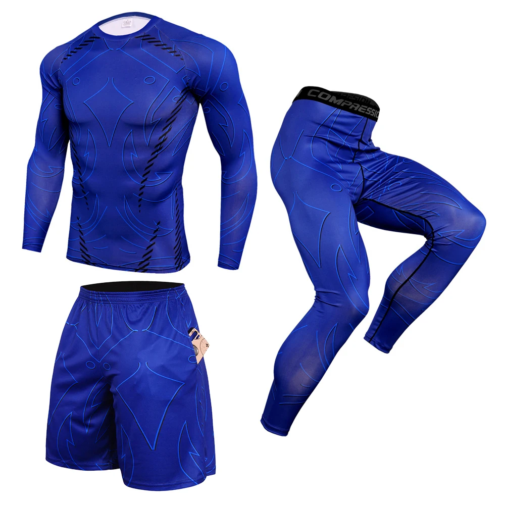 Custom logo long sleeve Sports 3 piece set wholesale push up sport leggings compression shorts men pocket rash guard sleeve