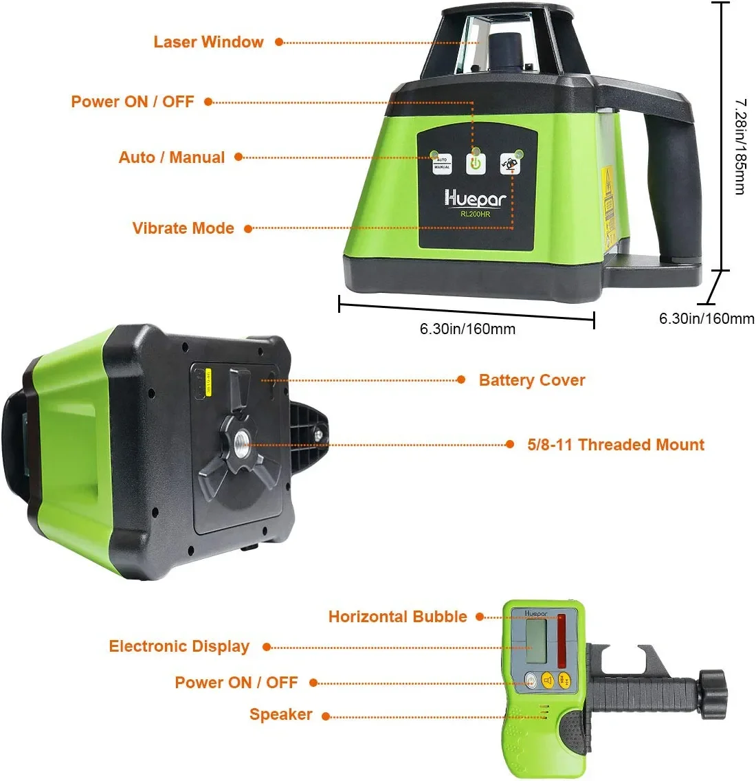 Huepar RL200HR Automatic Leveling Cross Line Rotating Laser Level Auto Red Beam With Receiver