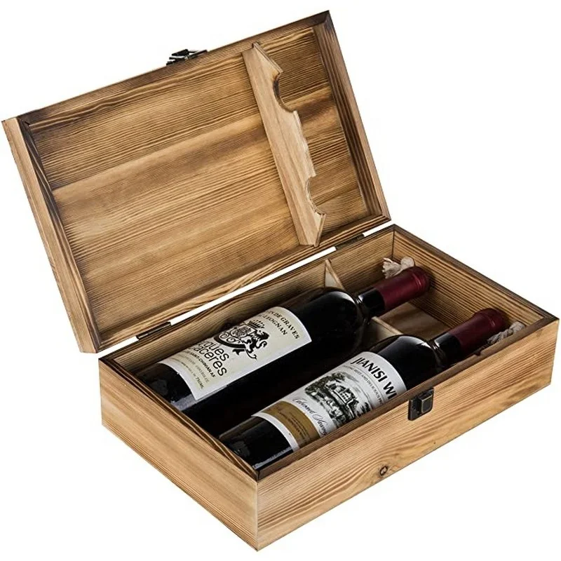 Dark Torched Wood Double Bottle Gift Boxes bordeaux gift box in wood