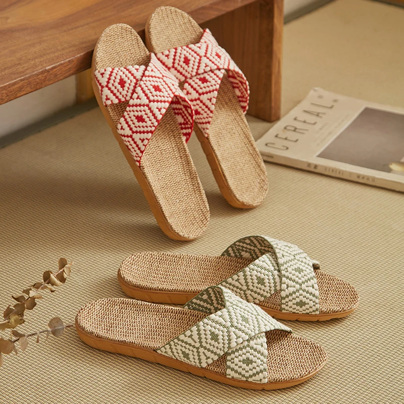 Unisex Indoor Hotel Hemp Slippers Summer Household Flax Light Weight Breathable Slides For Women