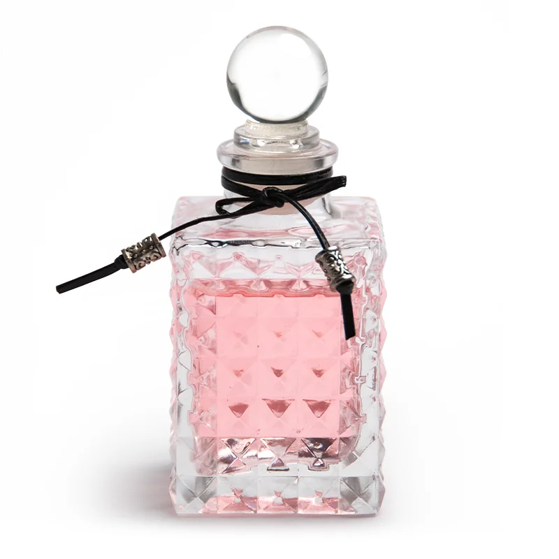 80ml Clear long neck Square Embossed  wide diameter mouth Glass Bottle with Lid