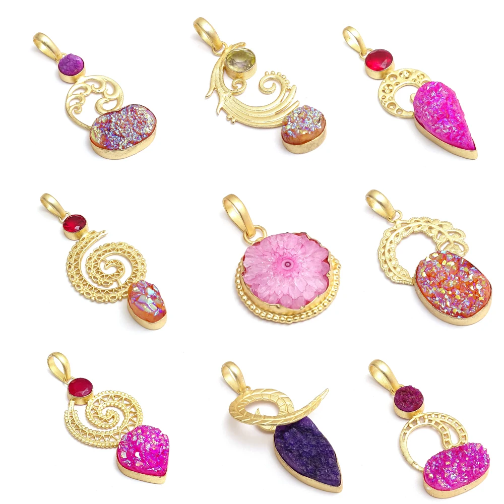 
Discount New Design pink titanium druzy gemstone handmade jewelry gold plated pendant jewelry 