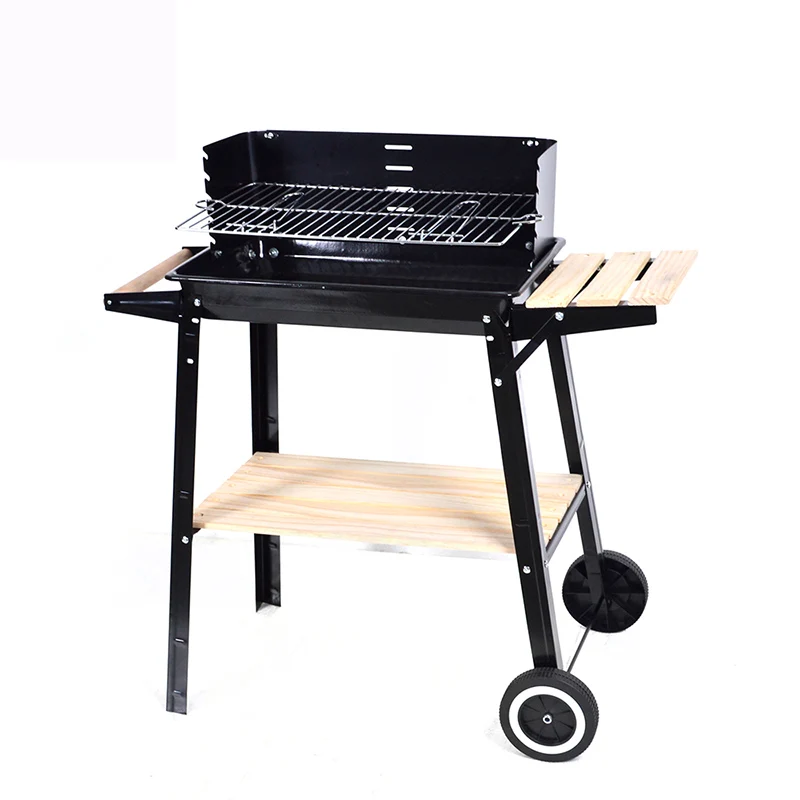 2021 Backyard Garden Family Party Outdoor Trolley BBQ Grilling Barbecue Rectangular Charcoal Grill With Wooden Side Table