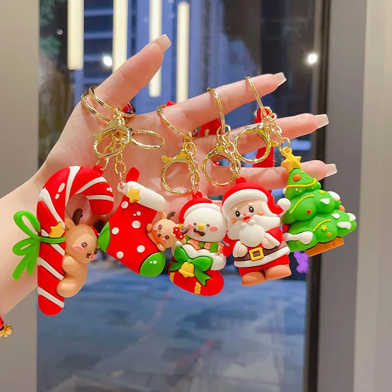 Wholesale Rubber Christmas Keychains Bulk Santa Gift Toys Hanging Ornament Decor 3D PVC Santa Reindeer Xmas Key Chain
