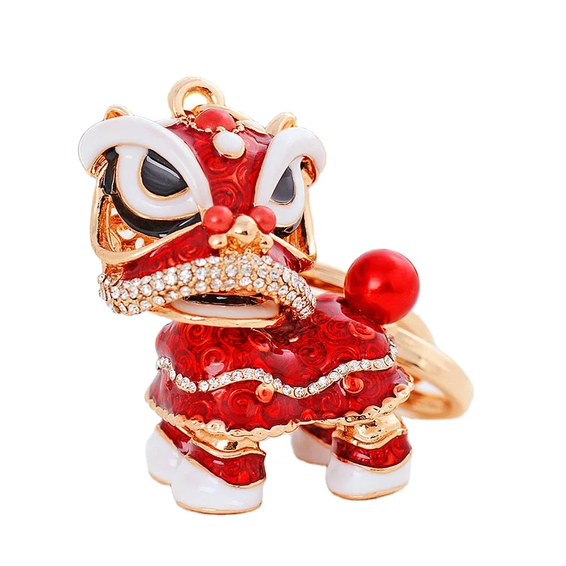 Chinese Style Lion Dance Keychain Bling crystal Rhinestone Dance Lion Metal Key Chains bag Charms Pendant Gifts lucky Key rings