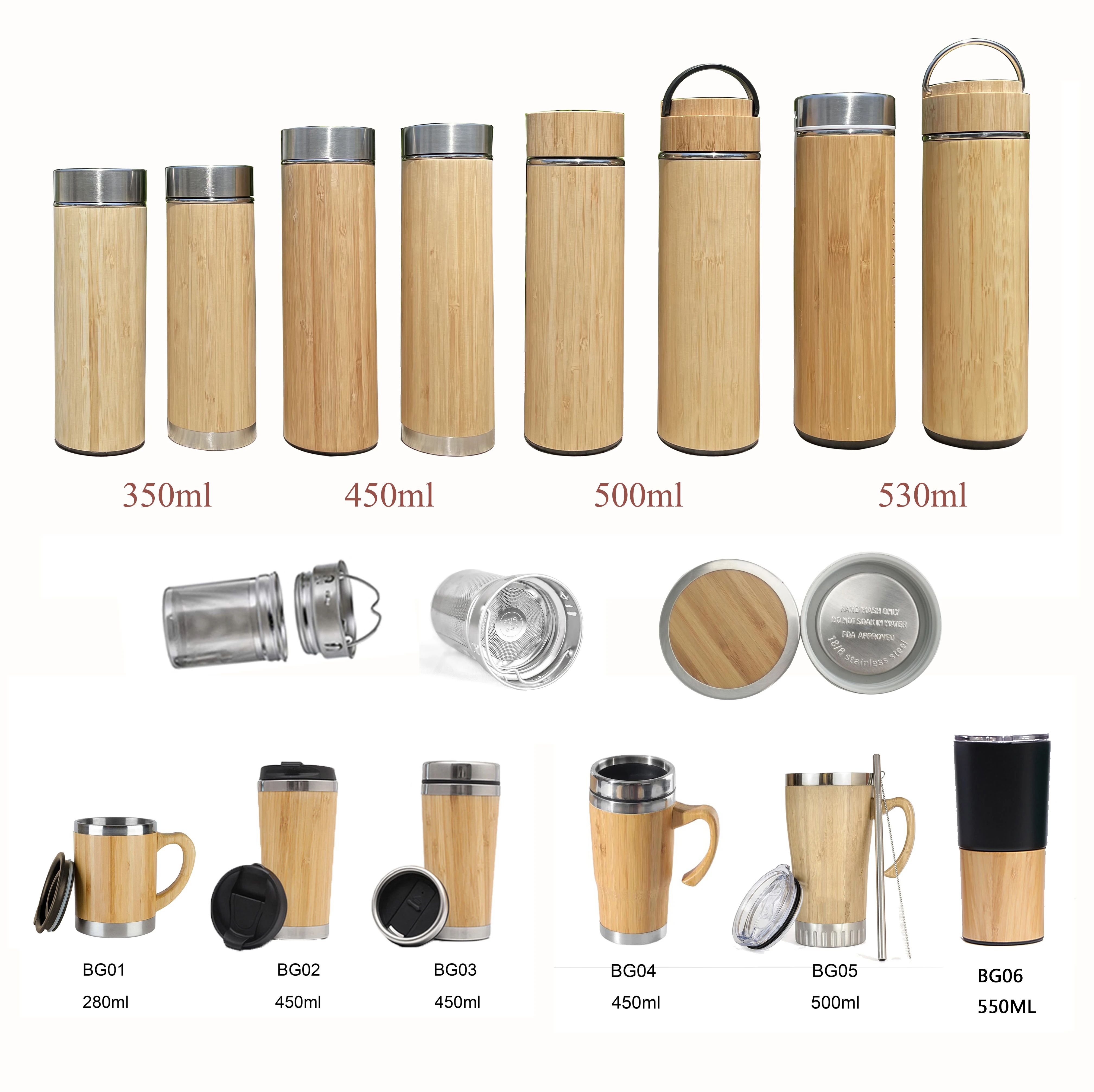 450ml 500ml 304 100% natural stainless steel bamboo tumbler with infuser strainer