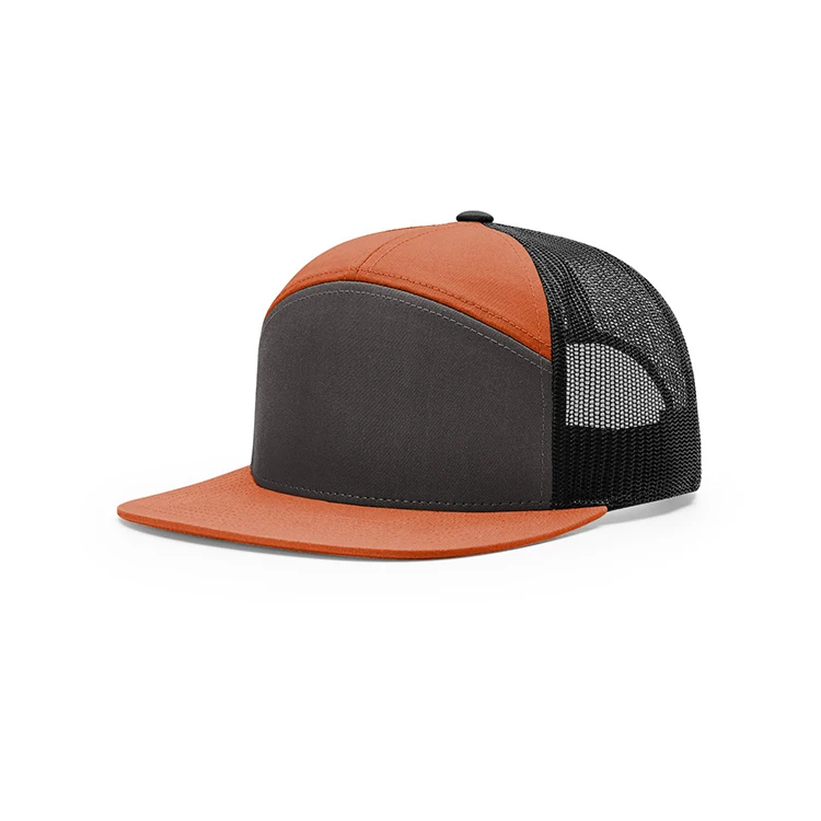 7 panel brand style quad-color charcoal/burnt orange/black mesh cap