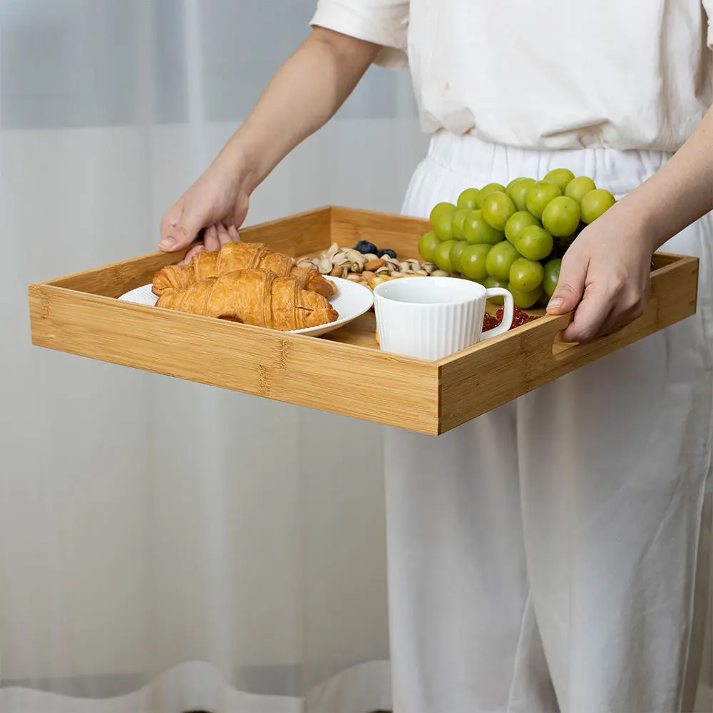 Natural Large Square Wood Serving Tray For Coffee Tea Dinner Breakfast Bamboo Serving Tray With Handle