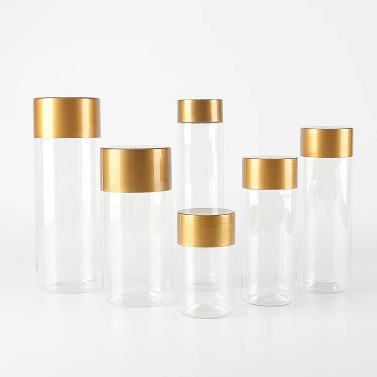 250ml 500ml 1000ml Plastic Tall Clear Candy Jars with Gold Screw Lids PET Storage Round Container for Food Package