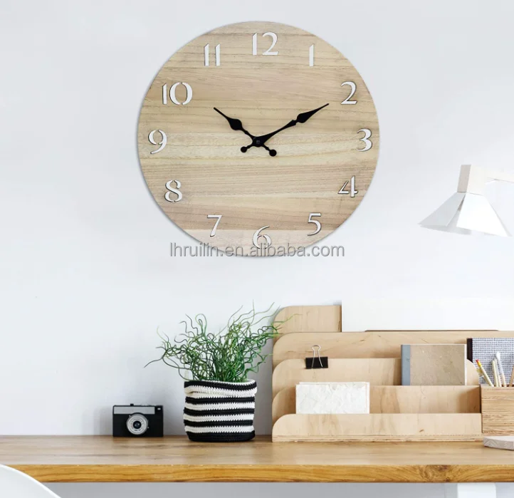 Modern Wood 14 Inch Round Battery Operated Hanging Wall Clock with Cut Out Numbers Natural Wood Base Wood Base