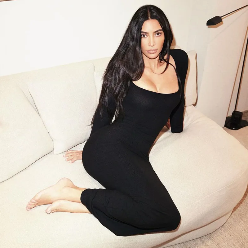 Wholesale Simple Solid Square Neck Long Sleeve Elegant Bodycon Evening Maxi Dress Ladies