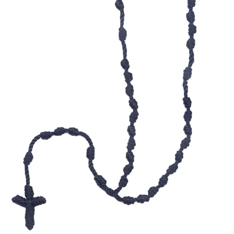 100% Handmade Craft Classic Black Rope Cord Necklace Customize Knotted Thread Rosary for Catholic Prayers