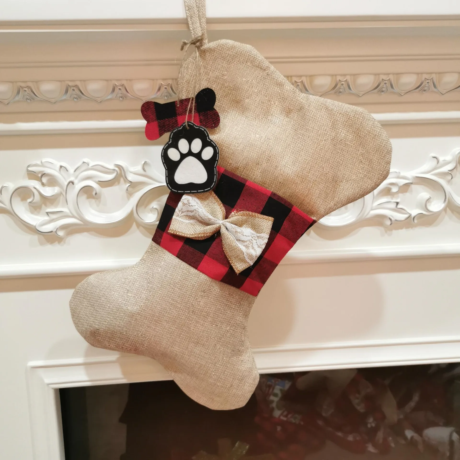 Free Sample Buffalo Plaid Christmas Stockings Large Bone Shape Hanging Pets for Dogs Decorations