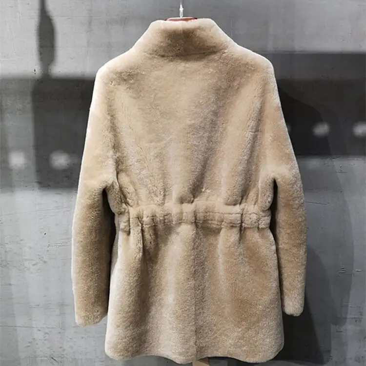 Womens Winter Warm Tweed Leather Jacket Ladies Fashion Oversized Sheep Fur Overcoat Real Woolen Long Coat