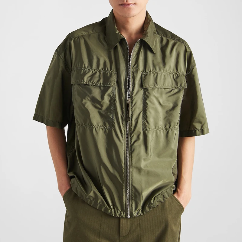Button Down up Collar Cropped Zip Cargo Shirts Fashion Oem Drop Shoulder Chest Pocket Short Sleeve Casual Custom Summer for Men