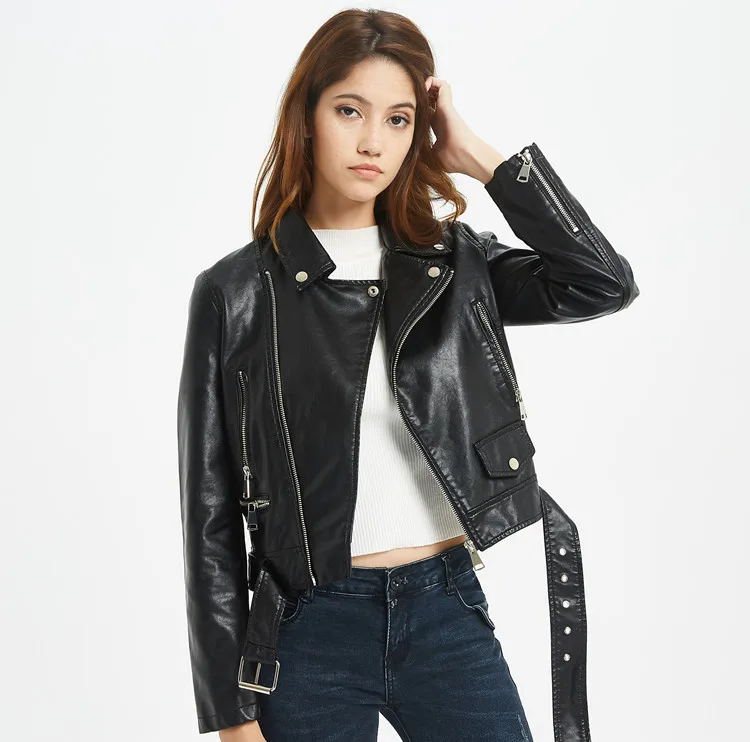 
New Arrive Motorcycle Style Belt Faux Leather Jacket For Women 