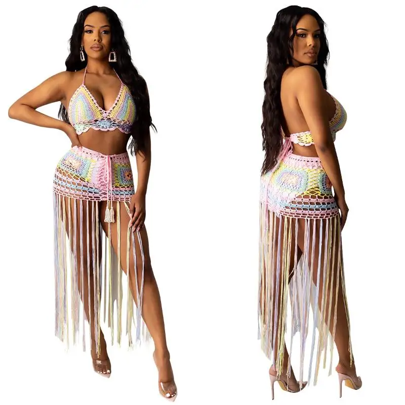 2021 Custom Wholesale Sexy Womens Plus Size 2piece Set Woman Hot Sale Lace Hollow Crochet  Cover Ups  Suit Beachwear Beach Dress