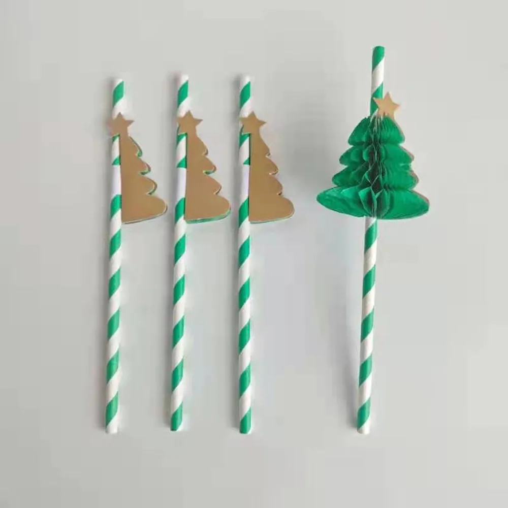 Christmas Tree Attached Green Paper Drinking Straws Biodegradable Holiday Straw