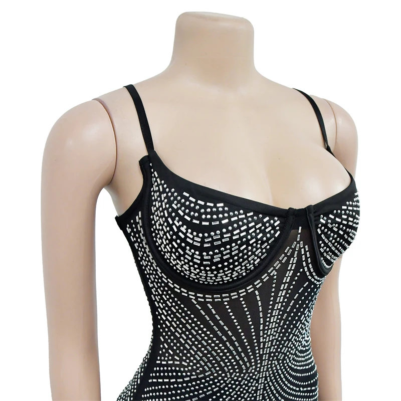 women wedding elegant sexy dinner party glitter diamond rhinestone crystal bead sleeveless mesh ball gown evening dress 2023