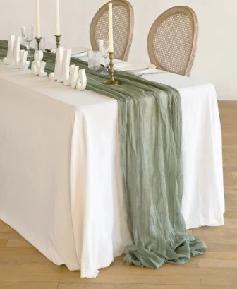 TR019 green smoke gauze table runner linen hemstitch table runner