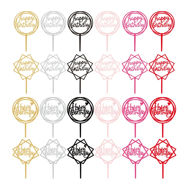 Ychon Geometry Round Letter Cake Toppers Gold Acrylic Cake Topper Happy Birthday Wedding Party Cupcake Toppers for Party Decor