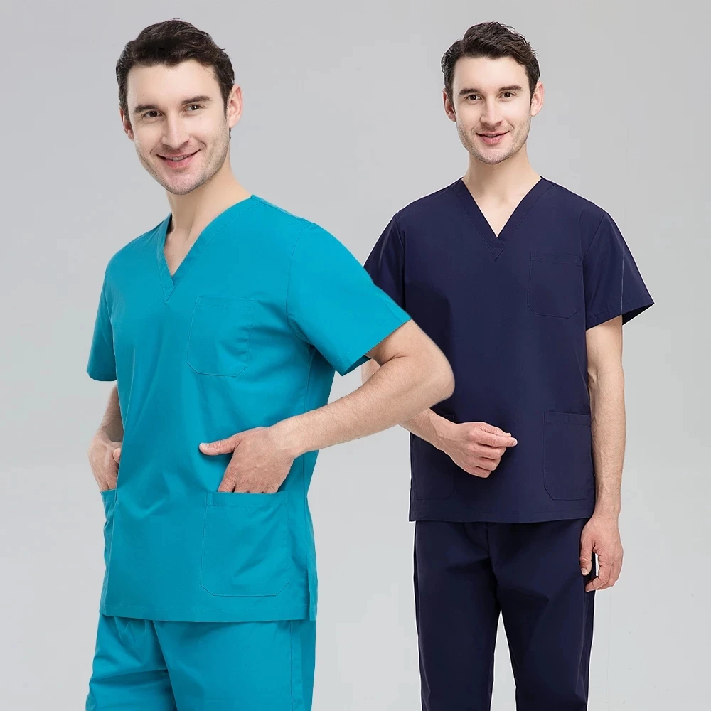 Private Label Mens Scrub Uniforms Pocket Scrub Top Grooming Clinic Nursing Scrub Suit