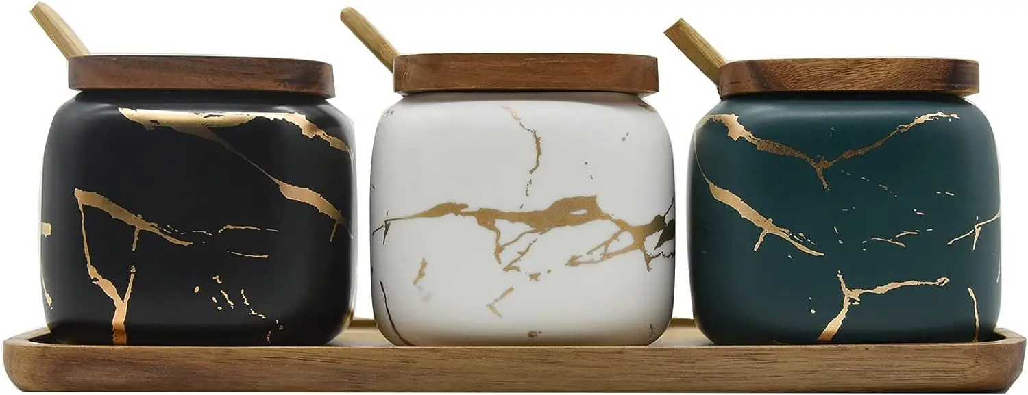 3 pcs Porcelain Condiment Jar Set Kitchen Ceramic Spice Jar with Bamboo Tray Marbled Ceramic Storage Jar