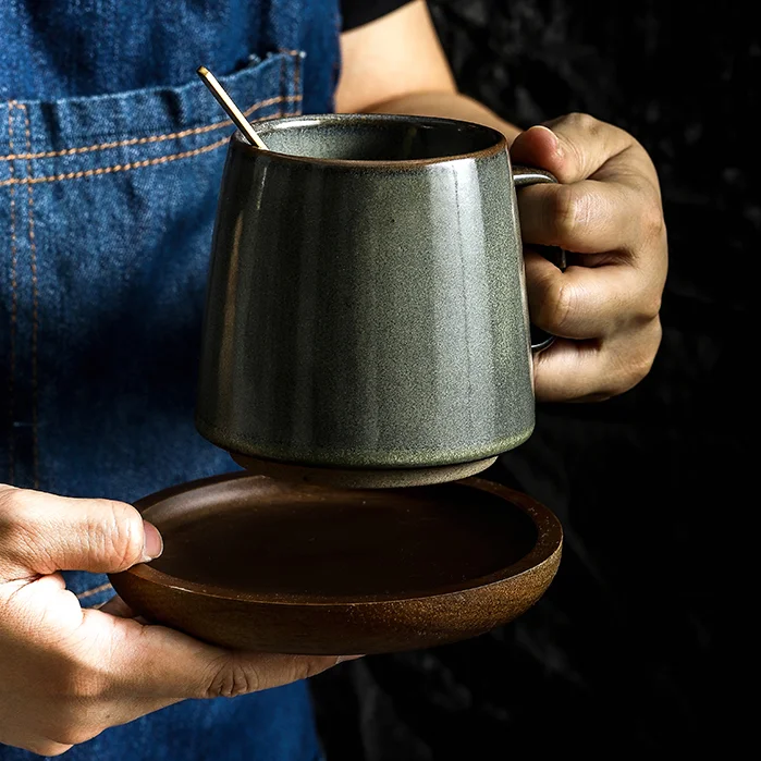 wholesale reactive glaze japan style vintage custom 360ml stoneware cup ceramic tea coffee mug with wood saucer