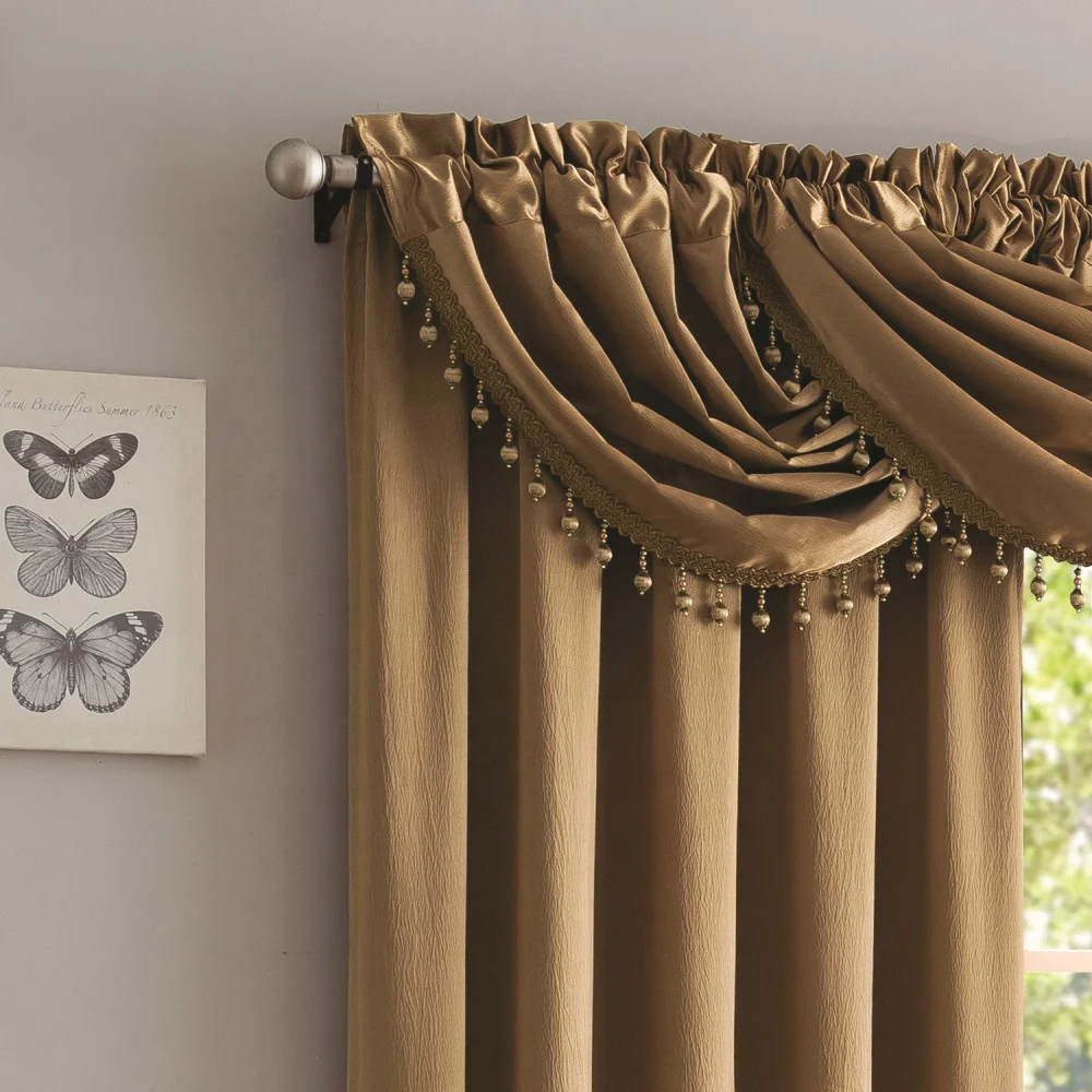 Europe Simple Luxury Gold Color Satin Crush Designers Valance  Set Curtains for Living Room