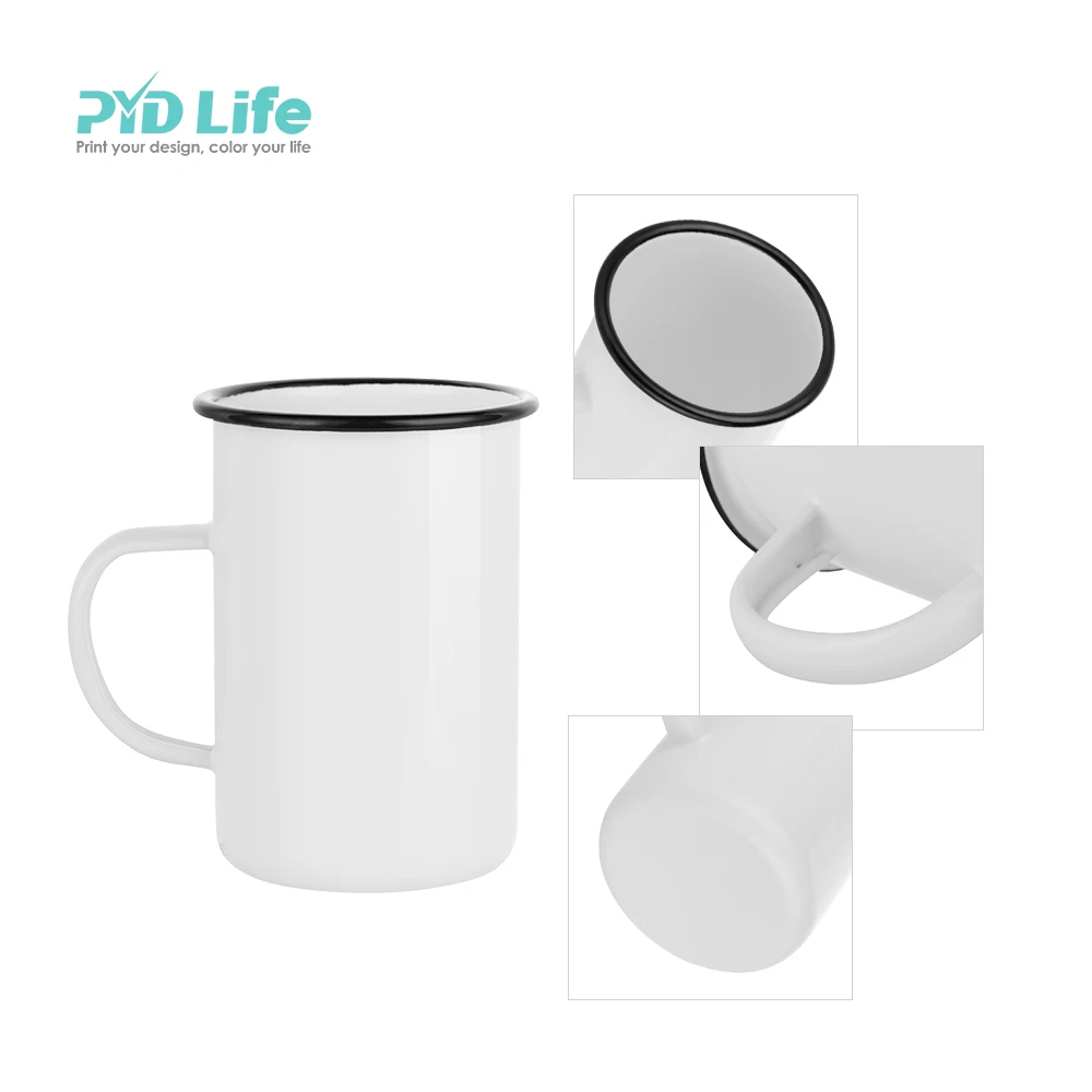 PYD Life Newest 15oz 450ml White Tall Skinny Metal Steel Camping Sublimation Enamel Mug with Black Rim