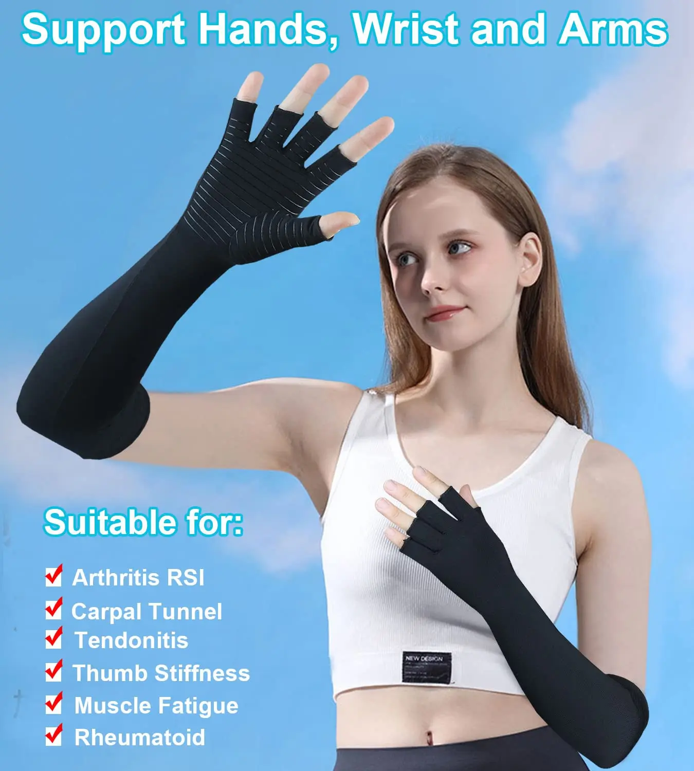 Fingerless Support Hands Wrist And Arms Copper Fiber Compression Therapy Arthritis Long Gloves For Computer Typing