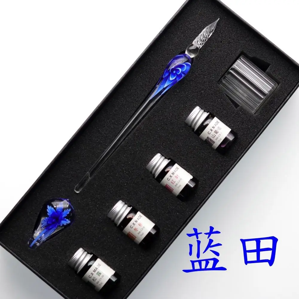 Wholesale Vintage calligraphy writing gift pen set colorful glass dip pen set with ink