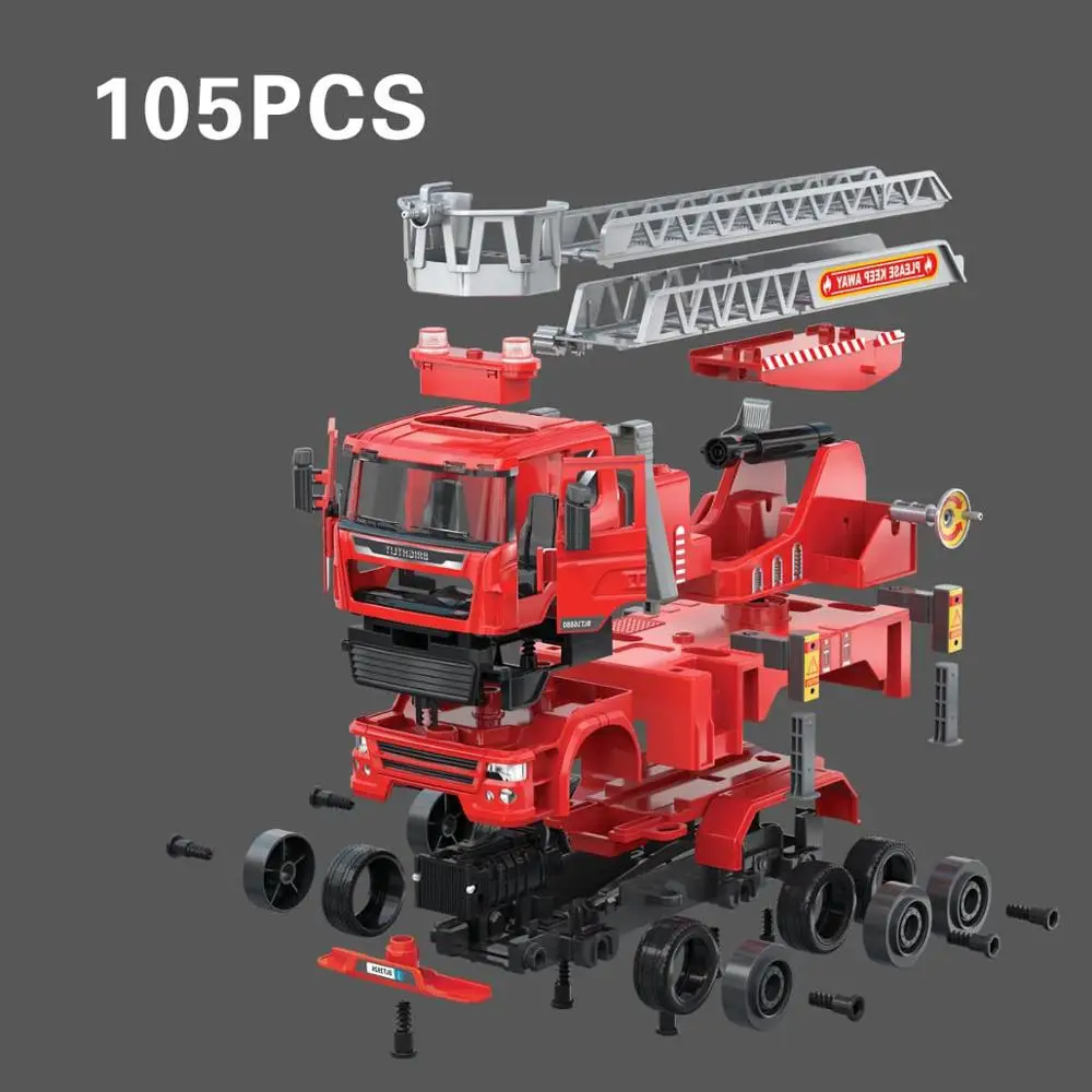 new intelligent toy wholesale  1/22 DIY toy assembly l rescue fire  truck  with extending ladder flashing lights and sound