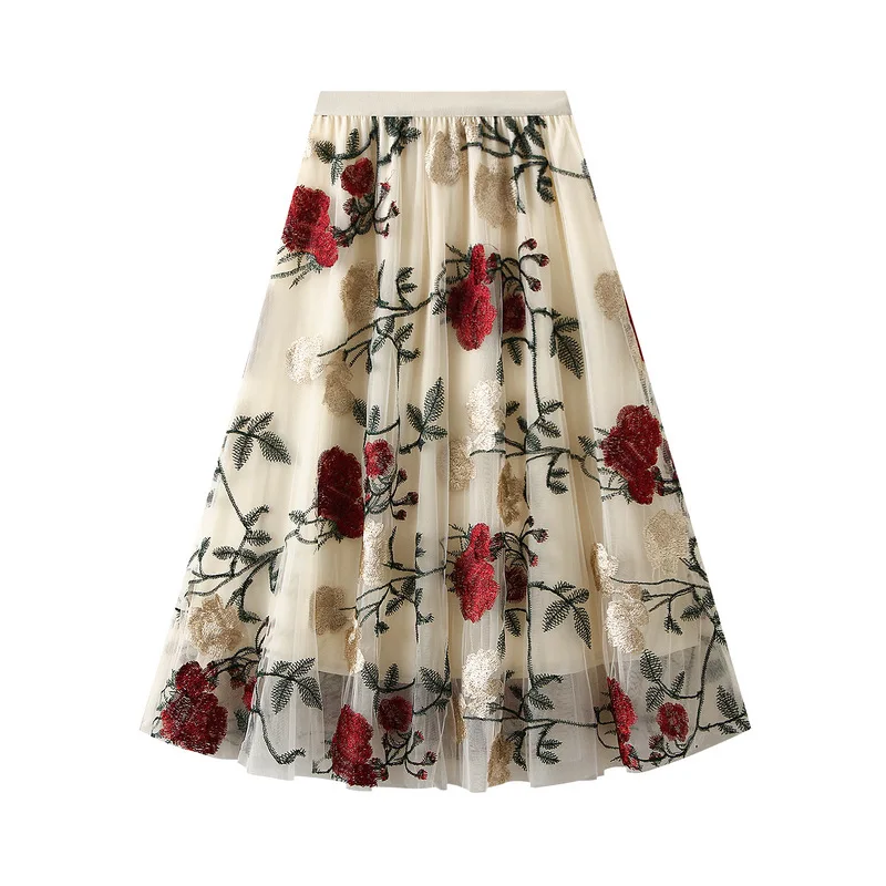 New retro high-waisted slimming embroidery big flowers fashion sweet mesh medium length fairy skirt