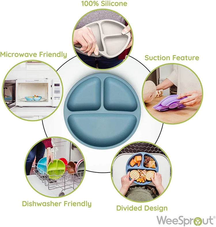 New Design Food Grade Silicone Baby Bowls Kids Round Divided Dinner Plate Suction Plate For Babies & Toddlers