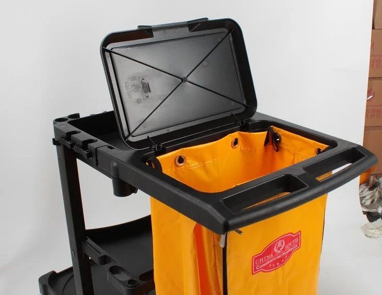 Черная съемная пластиковая тележка для уборщиков больничных и ресторанных