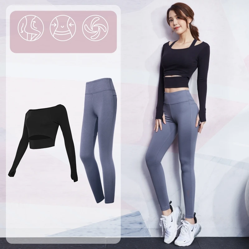 Crop Top and High Waisted Workout Leggings Set Fitness Yoga Suit Womens Long Sleeve Sportswear Fitness & Yoga Wear 1 Set