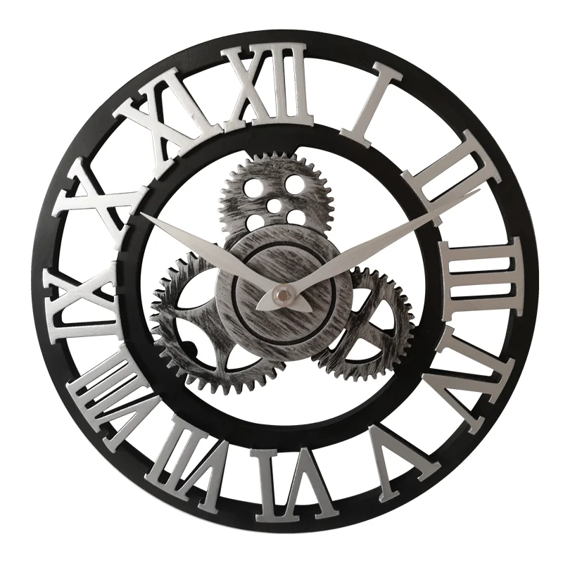 Handmade All Normal Size Vintage European Style Black and Gold Silent Large Industrial Gear Creative Rustic 3d Wooden Wall Clock