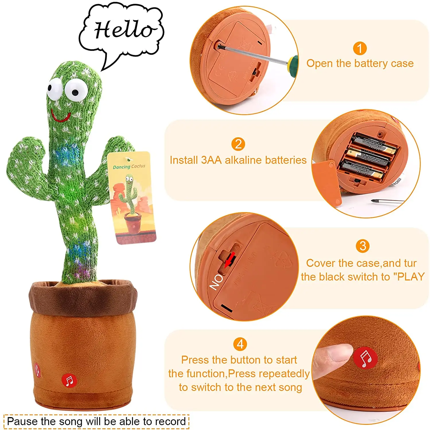 Plush Toy Gift for Children Play 120 Songs USB Charging Record Repeat Your Words Dancing Talking Cactus