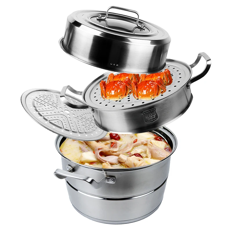 New Style Multi-function 32cm Double Layer Stainless Seafood Pot And Pans Set Steel Food Steamer