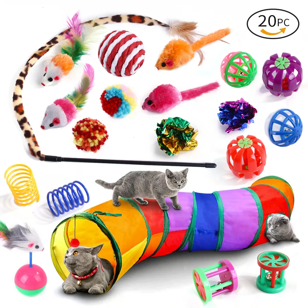 2021 Hot sell  Amazon 20pcs Funny Cat Toy Sets pack of Funny Feather Cat Toys Cat Tunnel Toy Set