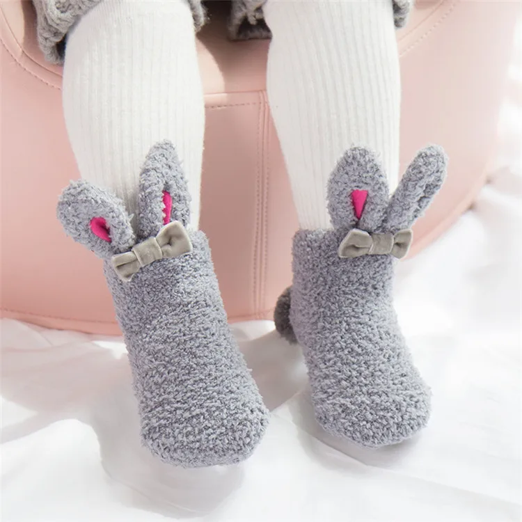 Wholesale cold winter warm thicken baby socks coral wool cartoon rabbit non-slip baby floor socks newborn baby socks