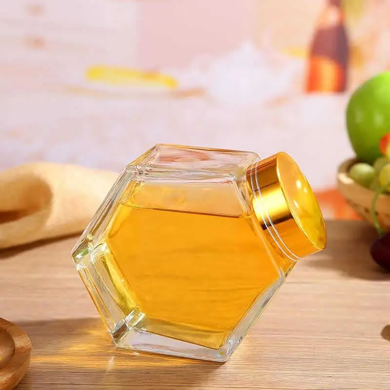 Factory Wholesale Custom Storage Honey Glass Jar with Spoon Empty Container Glass Honey Jar Hexagonal Wooden Lid Glass Honey Jar