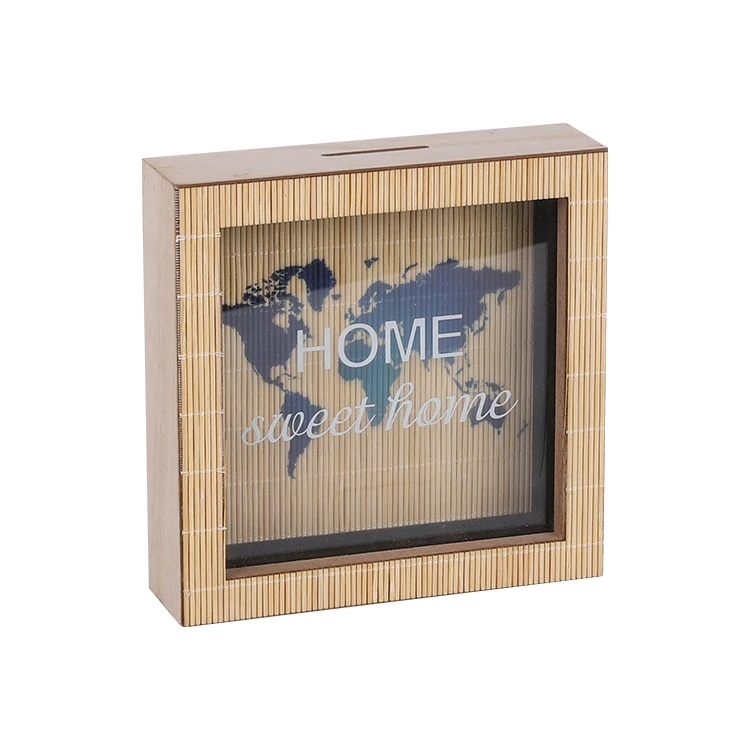 Customized Plain Printed Wood Glass Fund Box Frame Money Box Piggy Bank 3D Shadow Box Frame For Kids