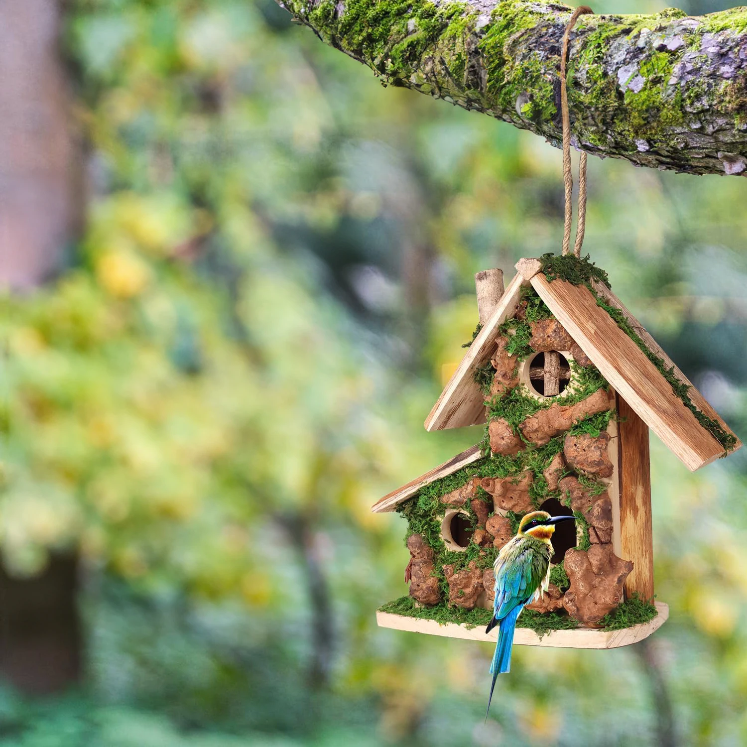 Hummingbird House Rustic Bird Houses Customized Pet House for Outside Hanging Wooden Woodpecker Wooden Hut Windproof Natural