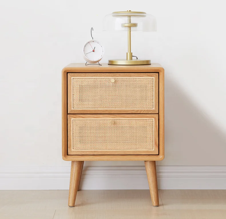 Solid Wood Night Stand Modern Bedroom Oak Rattan Bedside Table with Drawer
